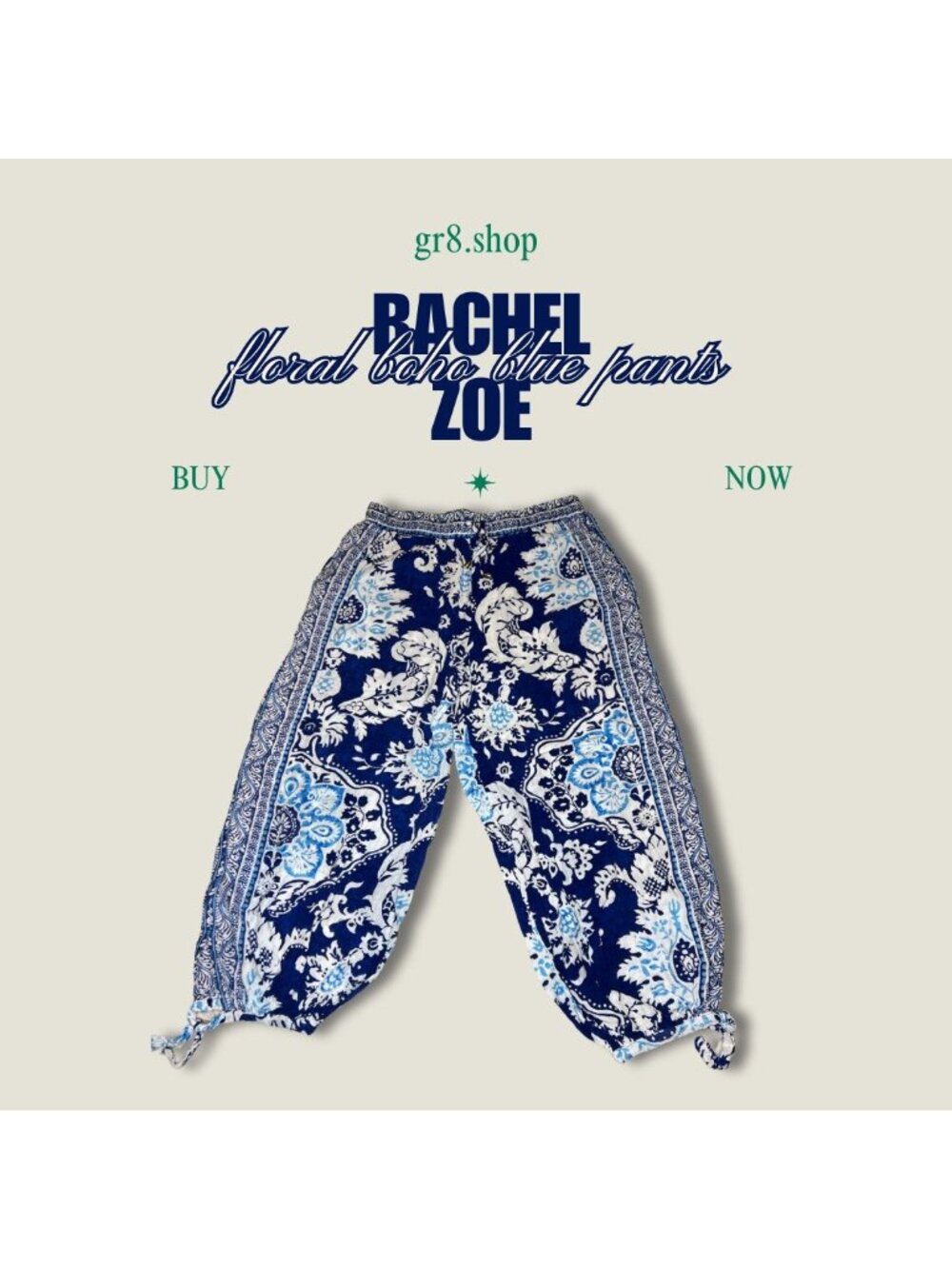Rachel Zoe Floral Boho Blue Print Pants Size S With Drawstring Waist & Tie Hem